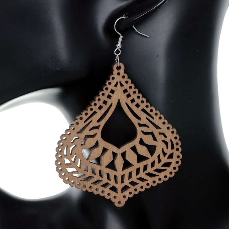 Natural Brown Bubble Teardrop Wooden Earrings
