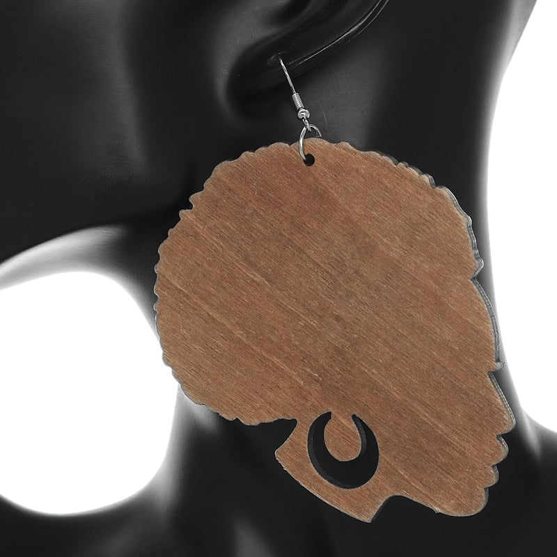 Natural Brown Large Afro Head Wooden Earrings