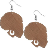 Natural Brown Large Afro Head Wooden Earrings