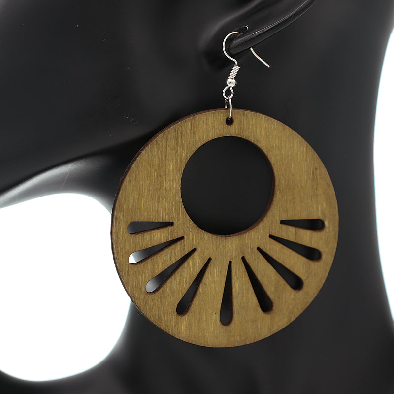 Brown Round Keyhole Cutout Wooden Earrings