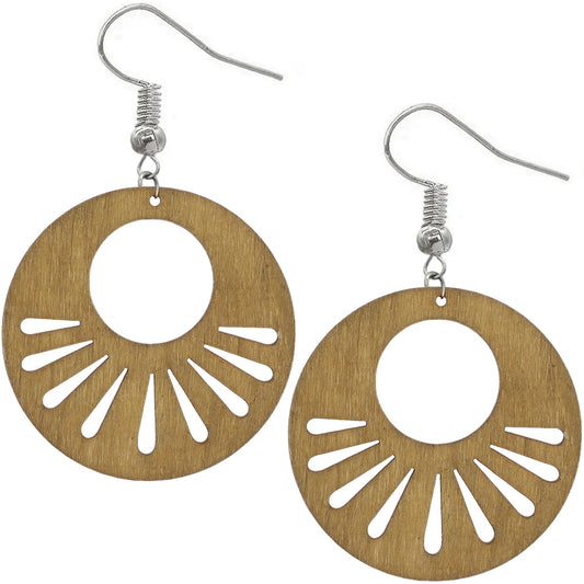 Brown Round Keyhole Cutout Wooden Earrings