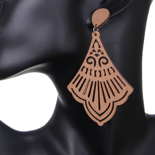 Brown Tulip Shape Cutout Wooden Earrings