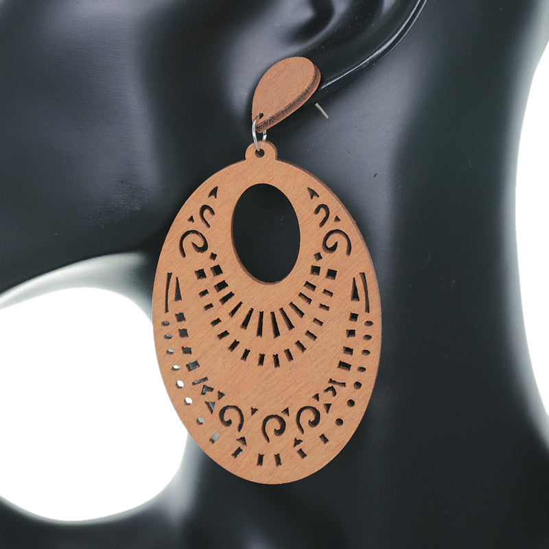 Natural Brown Oval Boho Wooden Earrings