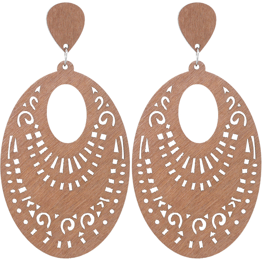 Natural Brown Oval Boho Wooden Earrings