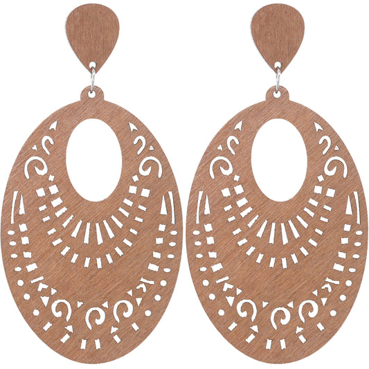 Natural Brown Oval Boho Wooden Earrings