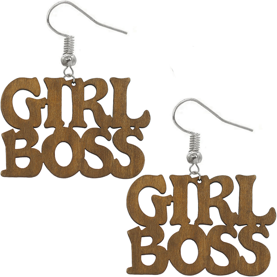 Natural Brown Girl Boss Letter Wooden Earrings