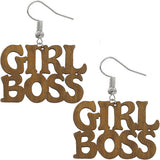 Natural Brown Girl Boss Letter Wooden Earrings