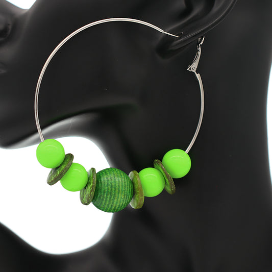 Neon Green Large Beaded Hoop Earrings