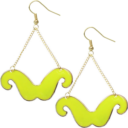 Neon Yellow Drop Chain Mustache Dangle Earrings