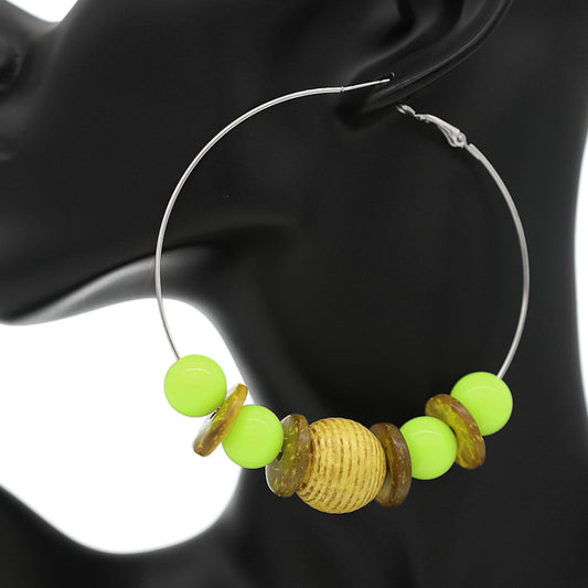 Neon Yellow Large Beaded Hoop Earrings
