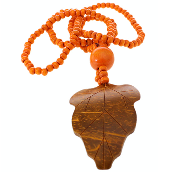 Orange Wooden Beaded Leaf Charm Necklace