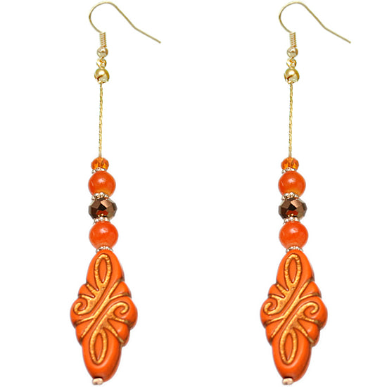 Orange Ethnic Carved Pattern Bead Drop Earrings
