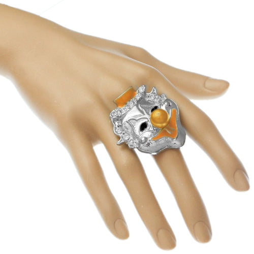 Orange Bead Rhinestone Clown Adjustable Ring