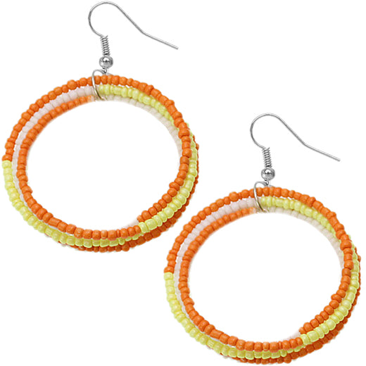 Orange Yellow Beaded Wrap Around Coil Hoop Earrings