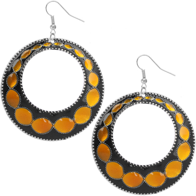 Orange Black Open Circle Disc Earrings