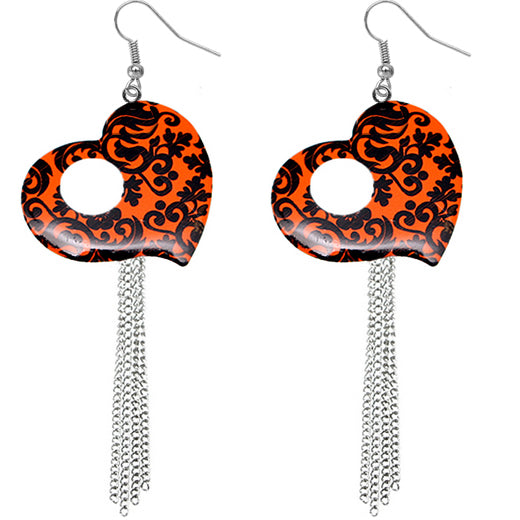 Orange Damask Heart Drop Chain Earrings