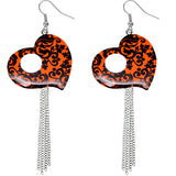 Orange Damask Heart Drop Chain Earrings