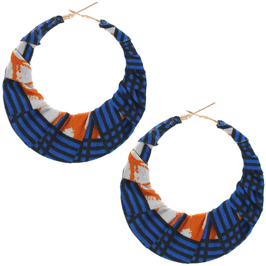 Blue Orange Fabric Wrapped Hoop Earrings