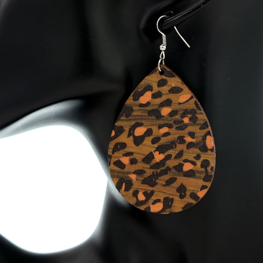Orange Cheetah Print Wooden Teardrop Earrings