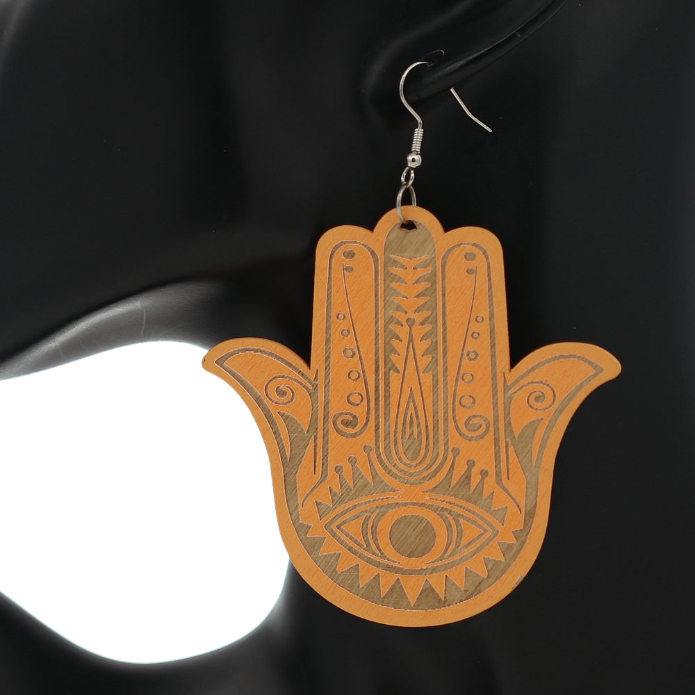 Orange Evil Eye Hamsa Hand Wooden Dangle Earrings