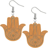 Orange Evil Eye Hamsa Hand Wooden Dangle Earrings