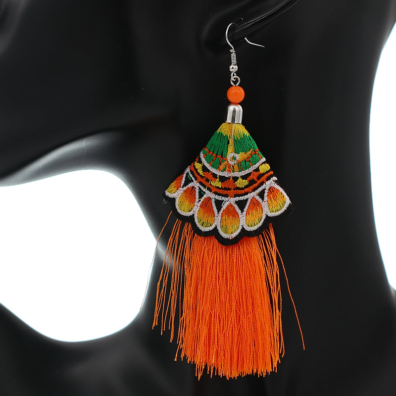 Orange Embroidered Ruffle Long Tassel Dangle Earrings