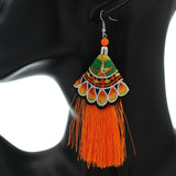 Orange Embroidered Ruffle Long Tassel Dangle Earrings