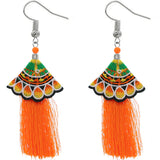Orange Embroidered Ruffle Long Tassel Dangle Earrings