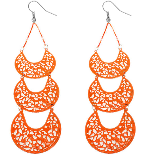 Orange Filigree Crescent Long Chain Earrings