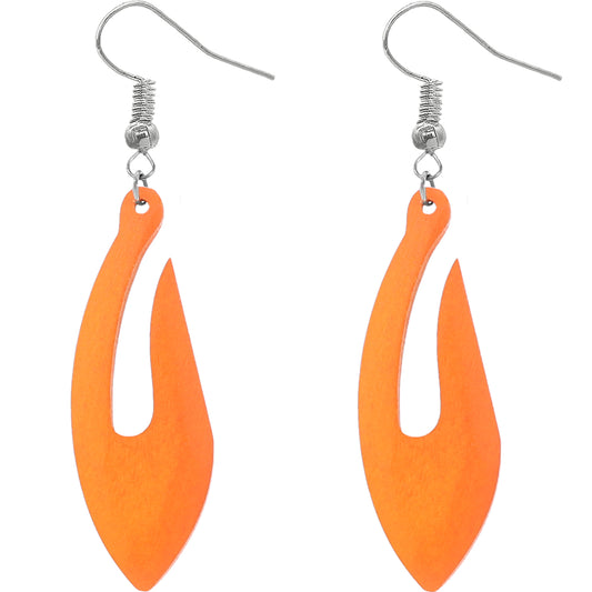 Orange Tribal Fishhook Design Wooden Earrings