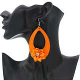 Orange Flower Wooden Teardrop Earrings