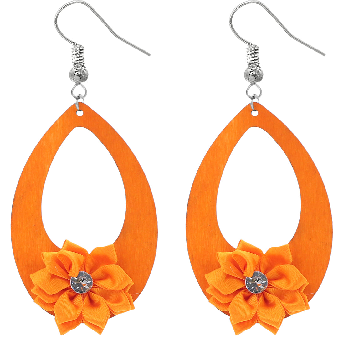 Orange Flower Wooden Teardrop Earrings