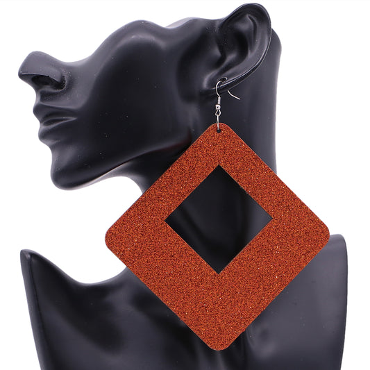 Orange Large Wooden Glitter Hollow Earrings