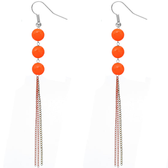 Orange Glossy Triple Beaded Chain Earrings