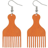 Orange Afro Pick Comb Afrocentric Wooden Earrings