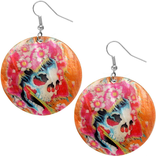 Orange Iridescent Skeleton Skull Flower Shell Earrings