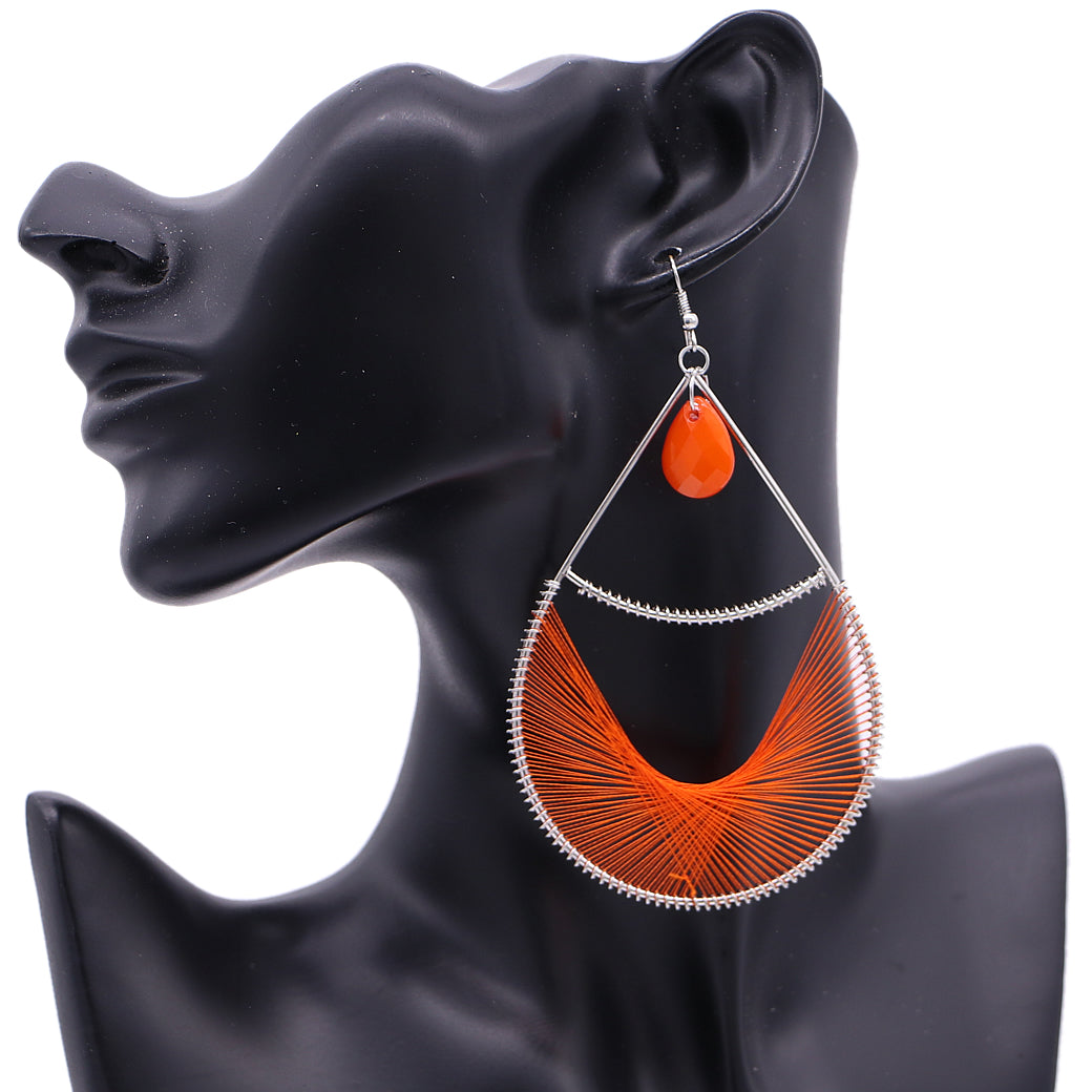 Orange Bead Woven Teardrop Earrings