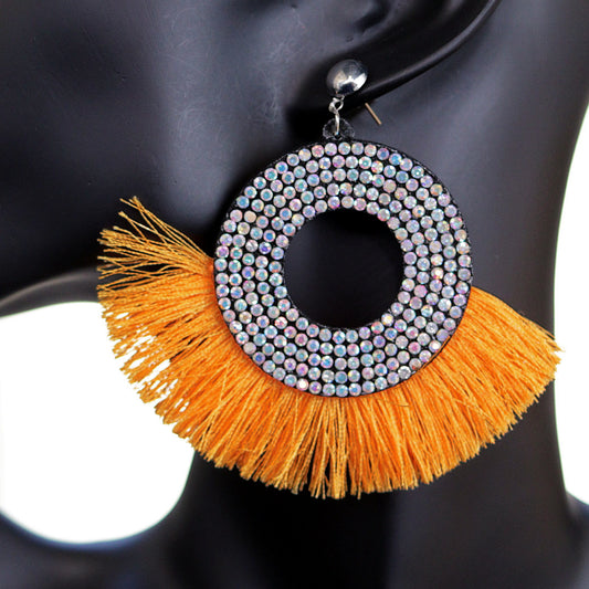 Orange Large Tassel Fan Rhinestone Earrings