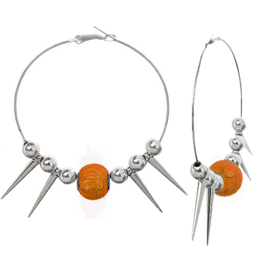 Orange Mesh Spike Bead Hoop Earrings