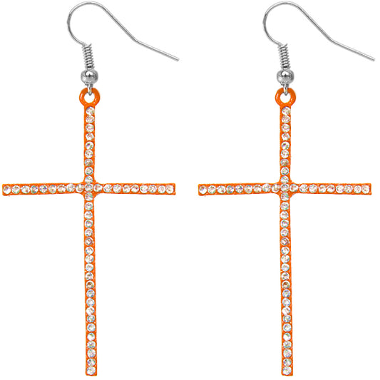 Orange Studded Mini Rhinestone Cross Earrings