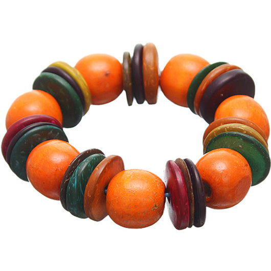 Orange Multicolor Wooden Bead Stretch Bracelet