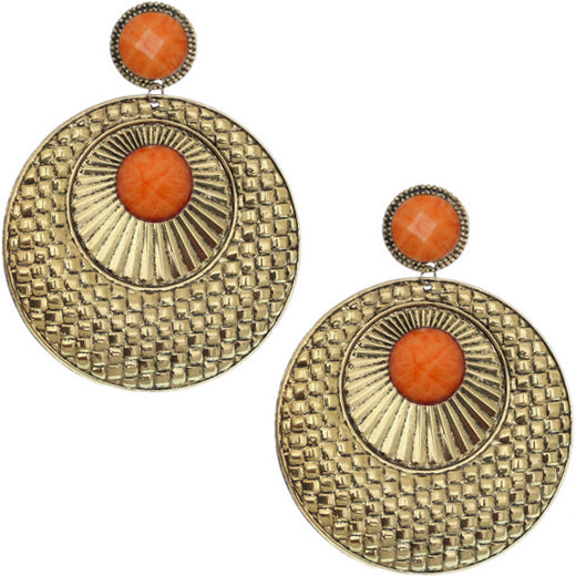 Orange Large Beaded Thin Disc Earrings