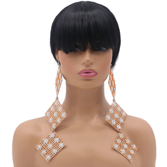 Orange Rhinestone Long Mesh Flat Earrings