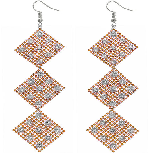 Orange Rhinestone Long Mesh Flat Earrings