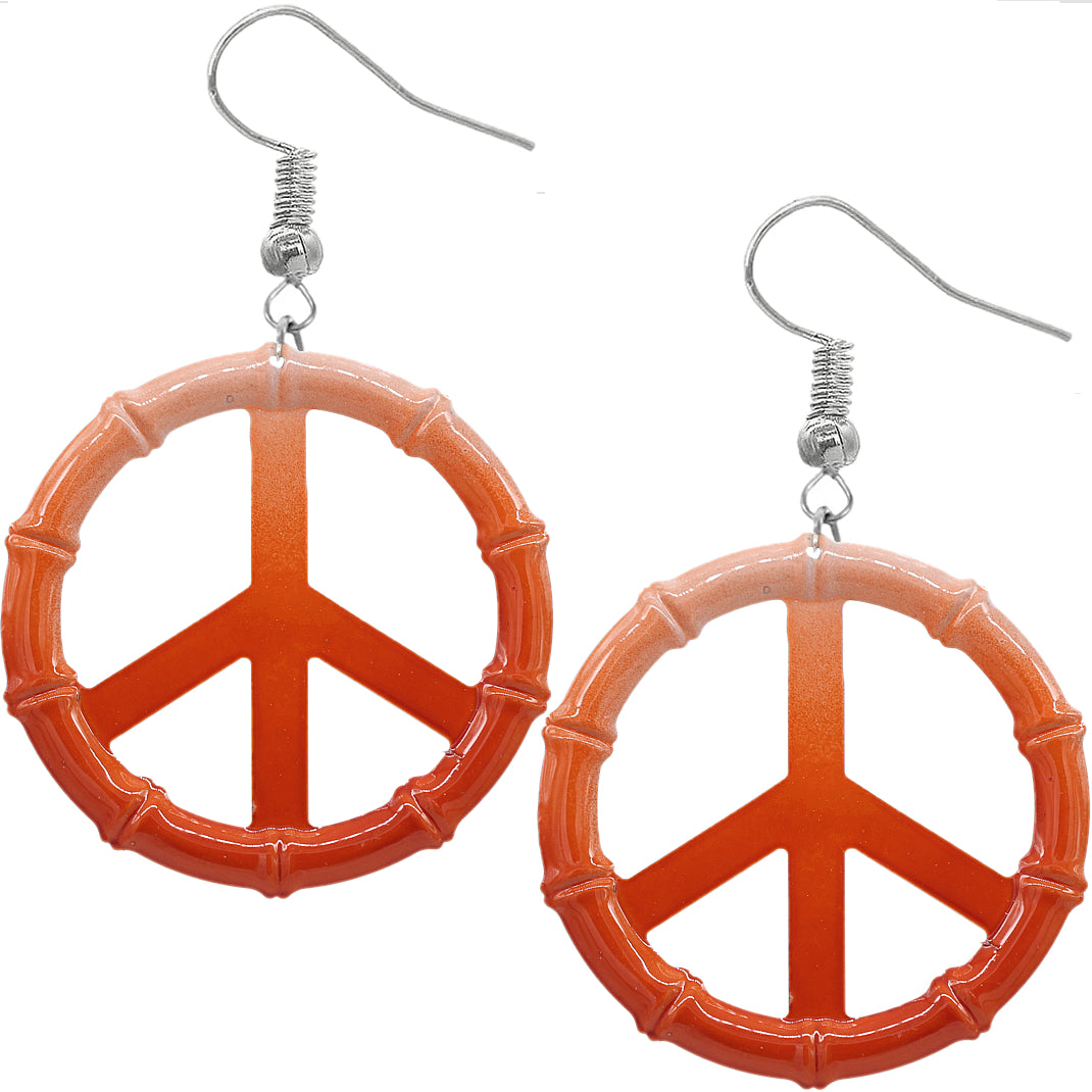 Orange Two Tone Large Peace Sign Metal Earrings