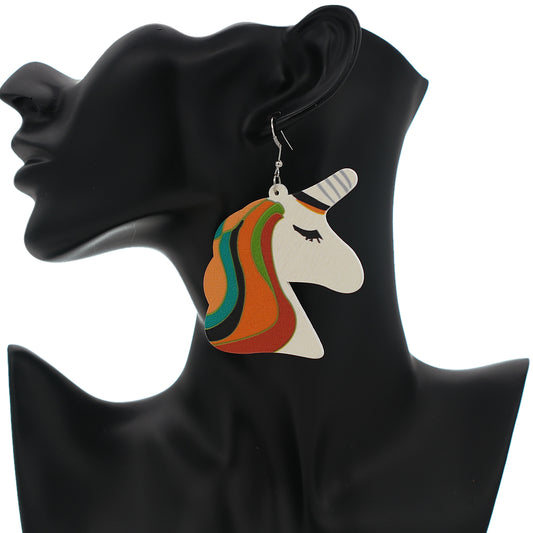 Orange Unicorn Rainbow Hair Wooden Earrings