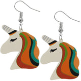 Orange Unicorn Rainbow Hair Wooden Earrings