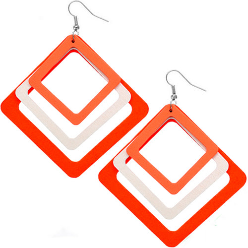 Orange White Tripe Layered Wooden Earrings