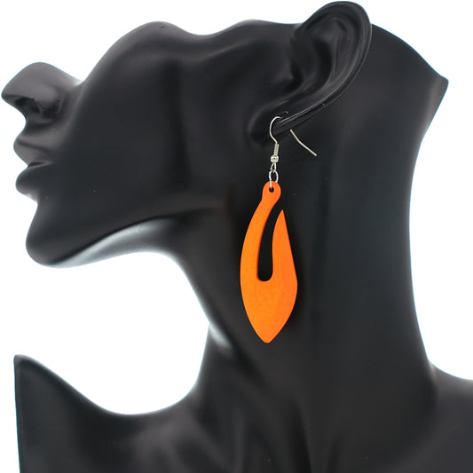 Orange Tribal Fishhook Design Wooden Earrings