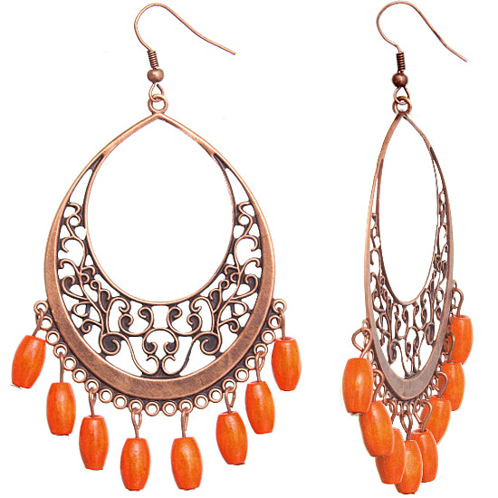 Orange Wooden Filigree Drop Earrings